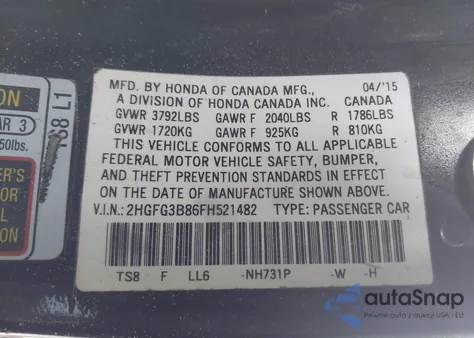 2015 Honda Civic Ex z USA, uszkodzony, nr VIN 2HGFG3B86FH521482